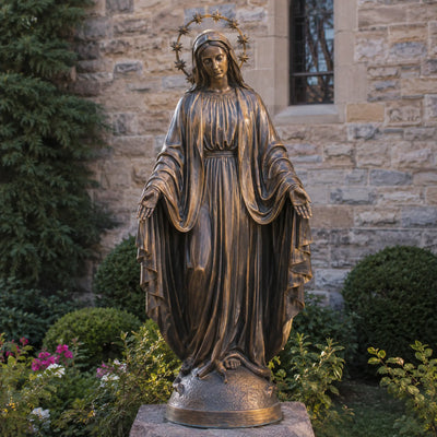 Large bronze Virgin Mary monument for outdoor church landscapes, cemeteries, and religious memorial gardens.