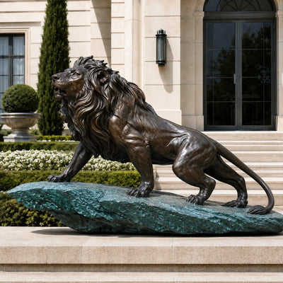 Bronze guardian lion statue with antique bronze finish and blue patina bronze base for luxury estate entrances