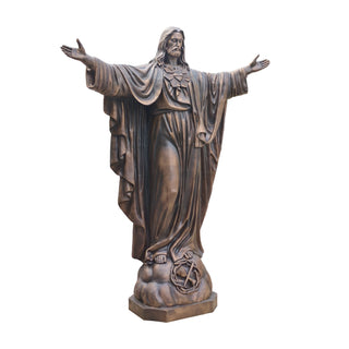 Life-size bronze Sacred Heart of Jesus statue featuring open arms for church courtyards and Catholic sanctuaries