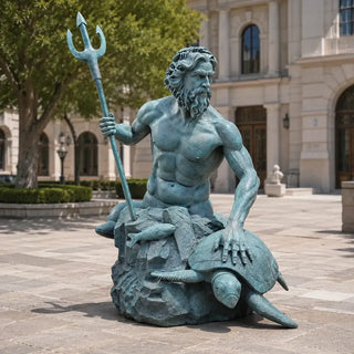Life-size bronze Poseidon sculpture featuring a sea turtle, rock base, and classical Greek mythology design