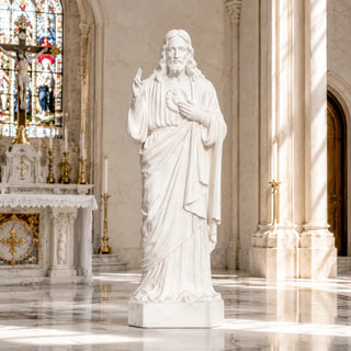 Life size white marble Sacred Heart Jesus statue for church courtyard and prayer garden. 