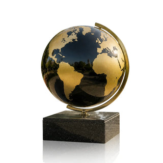 Contemporary black globe sculpture, as a landmark in a commercial area and pedestrian street