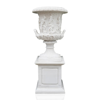 European classical white marble planter with hand-carved mythological relief urn for luxury gardens