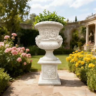 Classical marble garden planter with mythological designs for luxury courtyards
