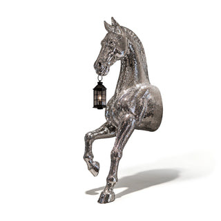 Large stainless steel horse wall-mounted sculpture designed for villa entrance and luxury interiors.