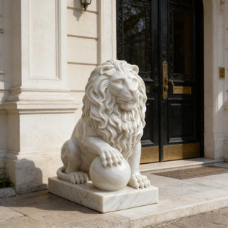 Marble sitting lion statue with ball hand carved guardian sculpture for entrances and garden decor VSM-114