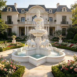 European style marble fountain with lion statues for courtyard and garden decor VSM-144