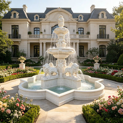 European style marble fountain with lion statues for courtyard and garden decor VSM-144