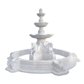Three-tier white marble garden fountain with horse sculptures for luxury outdoor garden decor