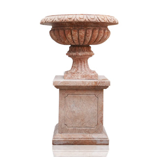 Victory Sculptures Hand-carved red marble fluted planter with pedestal for luxury gardens