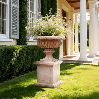 Victory Sculptures Hand-carved red marble fluted planter with pedestal for luxury gardens