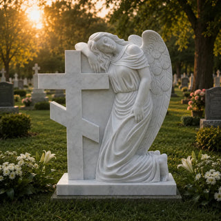 Victory Sculptures Marble angel cross headstone for cemetery memorial decor VSM-86