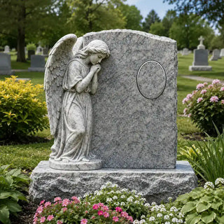 Hand-carved marble angel gravestone with praying angel design, cemetery memorial marker VSM-46