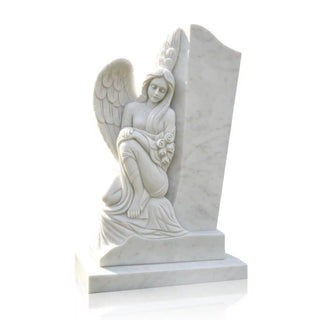 Hand-carved marble kneeling angel headstone with rose carving for cemetery memorial VSM-129