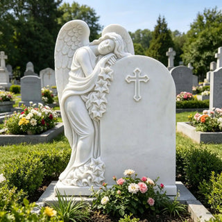 VICTORY Hand-carved white marble angel memorial headstone for cemetery tribute VSM-128