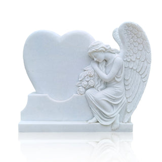 White marble weeping angel heart tombstone for cemetery memorial and grave marker VSM-127