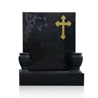 Black granite Christian headstone with cross and rose carving for cemetery memorial