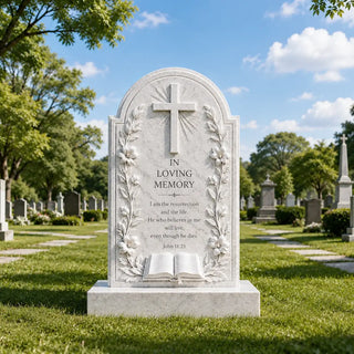 Marble Christian headstone featuring a cross and floral relief carvings for memorial cemetery