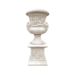 Hand-carved marble planter with mythological reliefs for European garden