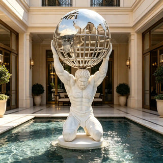 VICTORY VSM-88 Marble figure and stainless steel globe sculpture for modern outdoor decor