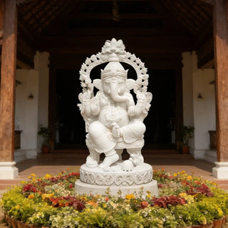 Hand-carved white marble Ganesha statue for Hindu temple decor