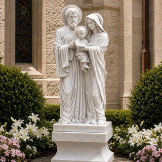 Hand‑carved marble Holy Family statue, Saint Joseph, Virgin Mary and infant Jesus for church, chapel and home altar decor