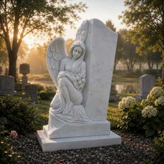Hand-carved marble kneeling angel headstone with rose carving for cemetery memorial VSM-129
