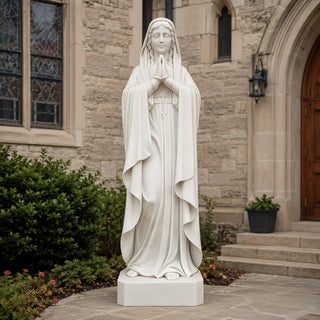 Hand-carved marble Our Lady of Lourdes statue with rosary for Catholic churches, Marian grottoes, prayer gardens.