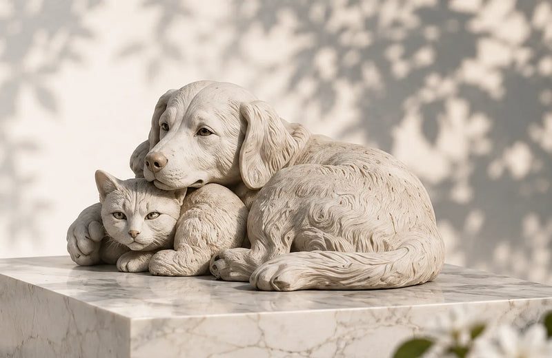 Marble pet memorial sculpture, dog and cat friendship statue, custom pet memorial stone