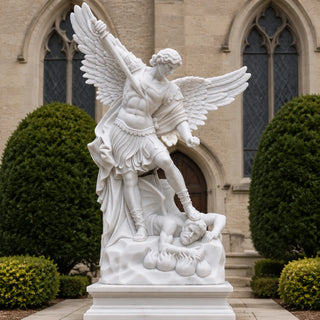 Large white marble Saint Michael Archangel statue with wings and sword for Catholic religious outdoor sculpture