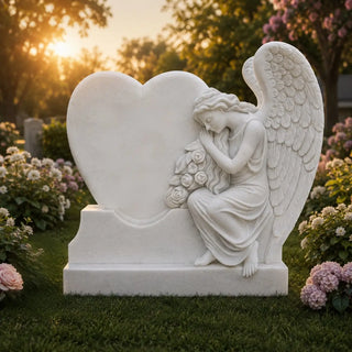 White marble weeping angel heart tombstone for cemetery memorial and grave marker VSM-127