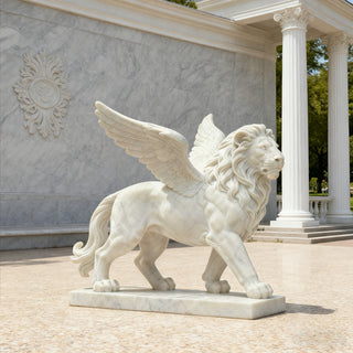 marble winged lion statue detailed carving, handcrafted outdoor marble guardian sculpture