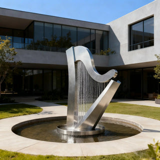 Matte stainless steel harp-shaped fountain sculpture VSS-38 for home yards and outdoor decor.