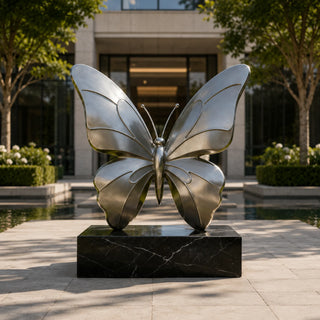 Matte stainless steel butterfly sculpture, metal insect design, ideal for outdoor garden, park landscapes.