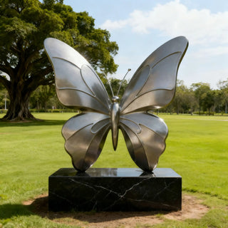 Matte stainless steel butterfly sculpture, metal insect design, ideal for outdoor garden, park landscapes.