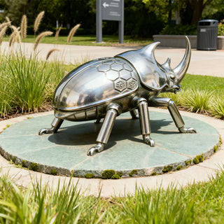 Metal insect art stainless steel sculpture, rhinoceros beetle design for modern home and art spaces.