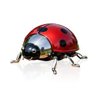 stainless steel ladybug sculpture for interiors, patios, and garden spaces with creative metal insect art.