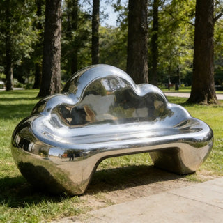 VICTORY Polished stainless steel cloud bench sculpture for modern outdoor seating and public art