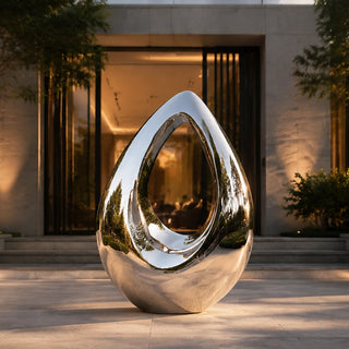 Large polished stainless steel water drop sculpture, modern abstract outdoor art decor for hotel, villa, and plaza.