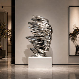 Mirror polished stainless steel abstract face sculpture for luxury interiors or modern living room