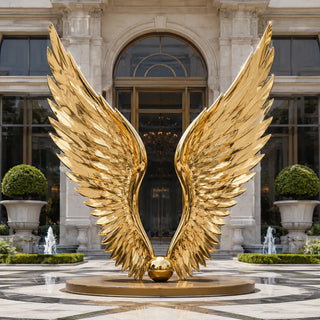 Mirror polished golden wings garden sculpture crafted from stainless steel for modern outdoor landscape decoration