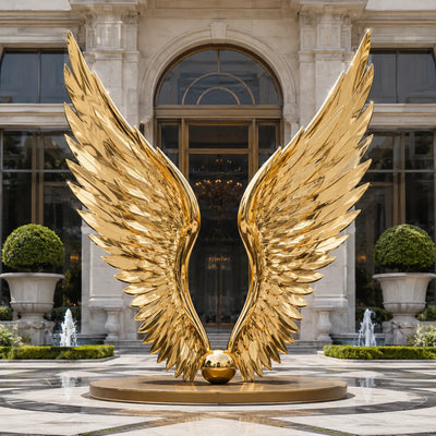 Mirror polished golden wings garden sculpture crafted from stainless steel for modern outdoor landscape decoration