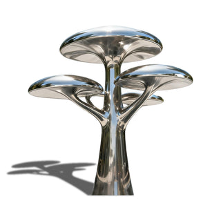 Modern outdoor mushroom-canopy water with reflective stainless steel surface for plazas and courtyards.