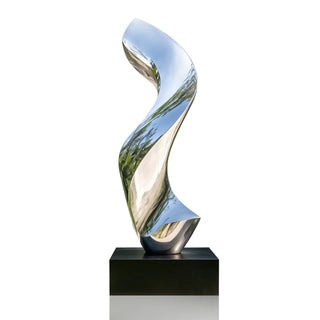 Contemporary abstract metal sculpture with mirror polished curves for commercial building and architectural entrance