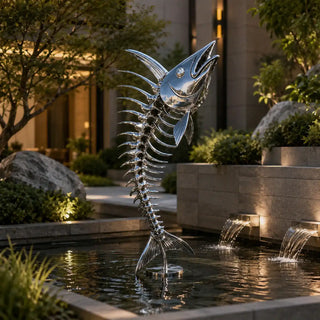 Mirror stainless steel fish skeleton sculpture with mirror polished, designed for modern garden decor