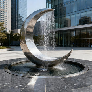 Mirror polished stainless steel moon-shaped fountain sculpture for modern outdoor spaces VSS-33