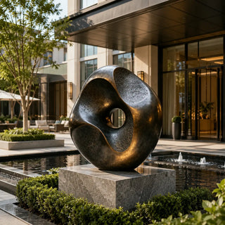 Outdoor bronze ring sculpture for luxury landscape, hotel entrance, and modern garden design.
