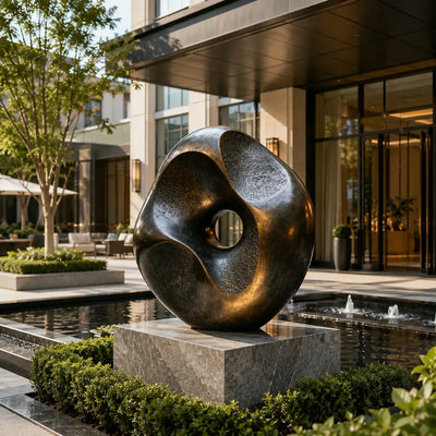 Outdoor bronze ring sculpture for luxury landscape, hotel entrance, and modern garden design.