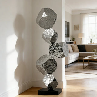 Modern stainless steel geometric stack sculpture with abstract polygon design for interior decor