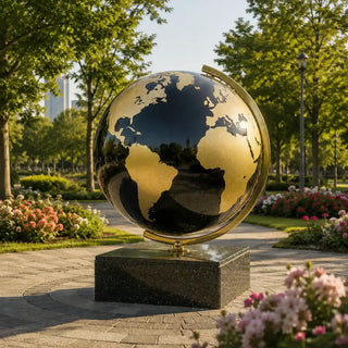 Black stainless steel globe sculpture with modern minimalist design for public spaces